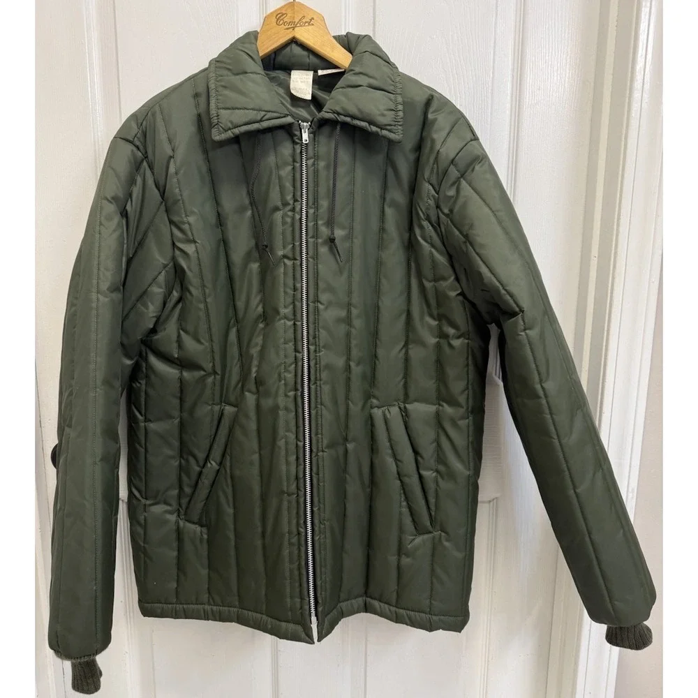 Vintage 70s Sears Coat Mens LT Green Nylon Puffer Work Insulated Workwear Hood